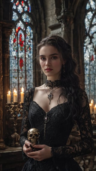 A Gothic-inspired girl with intricate lace and velvet details on her dress, holding a delicate skull-shaped locket with a gemstone, standing in a dimly lit chamber with ornate stone carvings and stained glass windows, surrounded by candelabras and a faint mist, with a few stray tears on her cheeks and a mysterious smile on her lips