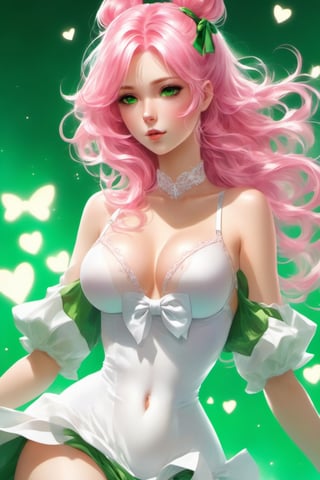 masterpiece, master quality, high resolution, ultra-detailed, beautiful, 1 girl, solo, petite, small breasts, beautiful scenery,shiny skin, (sparkle), cowboy shot, BREAK, nice hands, perfect hands, green eyes, long hair, bow, hair bun, white bow, pink hair, BREAK, nsfw, (nippless bra:1.3), (white cupless bra:1.3), (white crotchless panties:1.3), (micro thong:1.3), beautiful hotelroom, (embarrassed:1.2), anime coloring, all fours