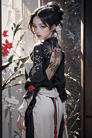 Extremely realistic full-length image of a beautiful woman with realistic and detailed features. The woman has an intricate tattoo on her back that gives her a touch of elegance. Her outfit reflects a beautiful oriental influence and the overall composition captures the essence of sophisticated anime art. The image should feature a lush, vibrant background that complements the appearance of her character, emphasizing her grace and the detailed tattoo of her.