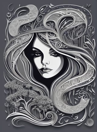 Typographic art vivid, abstract, surreal, shadows, 20 years old Maltese young woman, otherworldly background, eldritch, :|, meadow, uncontested beauty, Viper, dangerous, (Legendary Gray outline), . Stylized, intricate, detailed, artistic, text-based illustration, concept art, trending on cgsociety, trending on artstation