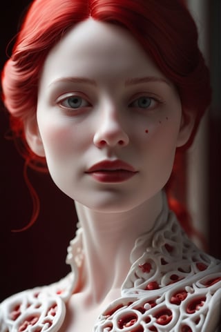sculpture:: portrait of an woman:: white porcelain skin:: pierced with red:: Intricate details, very realistic:: cinematic lighting, volumetric lighting, photographic, --ar 9:20 --no blur, bokeh, defocus, degree sharpness --s 1000
