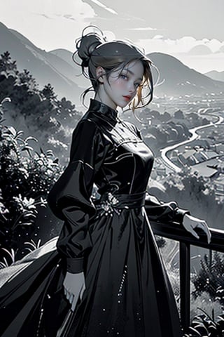  line art with thick ink outlines, mystic dress attire, clear detailing in eyes, long hair updo, set against a breathtaking valleyview backdrop, adopting a simple and clean graphic design aesthetic, digital painting, ultra fine, high contrast.