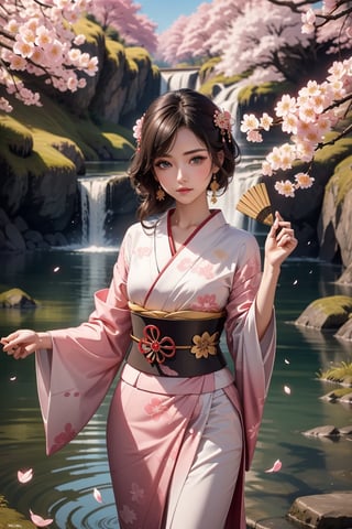 A graceful, brown-haired geisha in pink traditional Japanese kimono, gold accessories, elegant stance, holding a cherry blossom-patterned folding fan, enchanting eyes, delicate edge lighten by shimmering pink petals, epic water and nature and illusion bending shot, Cinematic art, super high detail 