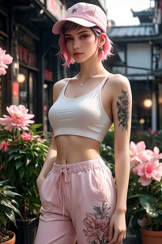 beautiful girl, medium shot, Hot Girl, pixie cut, cropped top, cropped tang top, bucket hat, in city hotel, sweat pants, dragon tattoo, best quality, extremely detailed CG unity 8k wallpaper, masterpiece, best quality, plants, flowers, pink theme