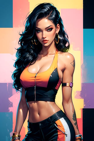 Girls Club model, hip-hop flavors, Simple gradient color block background, in the style of oliver wetter, terry dodson, hyperrealism, unreal engine blending with digital art, intricate details, manga style coloring
