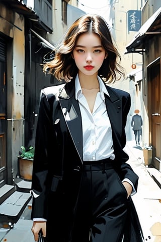 masterpiece, best quality, very aesthetic, absurdres
watercolor by wlop    
  cel shading 
   1girl, aged up
  walking in the alley black suit white collar shirt