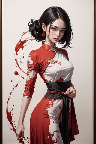 a painting of a woman in red with black hair, in the style of delicate ink washes, epic fantasy scenes, chinese painting, splattered/dripped, white background, traditional costumes, soft focus lens 