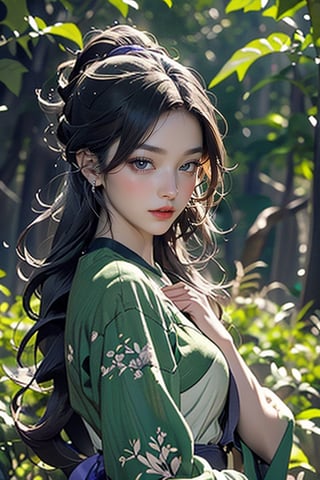 “A young anime forest goddess, with fair skin and shy expression, finds herself posing for a photo shoot in a stunning forest on a sunny summer day. Her hair is vibrant and purple, her eyes shine like diamonds of the same color, and she has long hair. The image was rendered in 4K UHD resolution, with incredible detail, using CGI Octane Render technology.