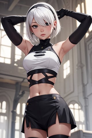 a cute anime girl with white hair and ear buds wears a tight top, 1girl, solo, navel, armpits, short hair, blurry background, arms up, looking at viewer, hair over one eye, white hair, blurry, midriff, breasts, hairband, crop top, elbow gloves, yorha no. 2 type b, shirt