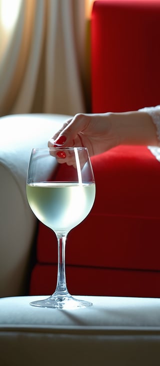 cinematic film still feminine, holding the rim of a wine glass, thumb on the rim, , a woman in a white dress sitting on a couch ,red nail polish, Bian Jingzhao style ,hand,   figurative art, photo, looking at viewer, legs crossed, skin pores . shallow depth of field, vignette, highly detailed, high budget Hollywood movie, bokeh, cinemascope, moody, epic, gorgeous, film grain, grainy