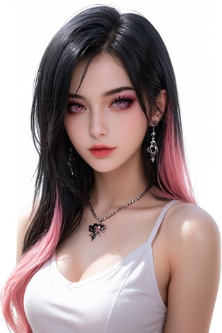 score_9, score_8_up, score_7_up, Goth girl, goth girl 1girl, 1girl,solo,looking at viewer, long hair,hair between the eyes,bare shoulders,jewelry,(black hair, pink hair,multicolored hair,glowing hair), tattoo, sleeveless,pink eyes,necklace,two-tone hair,lips,makeup,white  background,portrait,spot color,   , , ,   ,