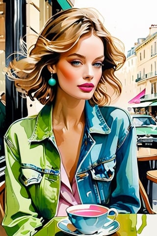 David downton fashion illustration, mustafa soydan drawing, line art, beautuful light brown hair woman, blue eyes, pink lipstick, elegant, denim jacket, cup gentle apple green color tea, street cafe, windy, beige, watercolor