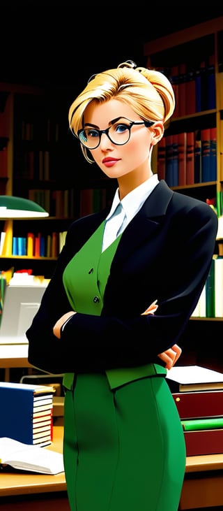 score_9, score_8_up, score_7_up, score_6_up, score_5_up, score_4_up,  1 girl, blonde hair, short hair, updo hair, black business suit, round eyewear, glasses, library, green eyes, black skirt, zettai ryouik, solo, hand behind head  , concept art, realistic, , expressiveH , 1990s \(style\), vintage 