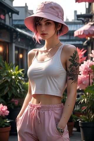 beautiful girl, medium shot, Hot Girl, pixie cut, cropped top, cropped tang top, bucket hat, in city hotel, sweat pants, dragon tattoo, best quality, extremely detailed CG unity 8k wallpaper, masterpiece, best quality, plants, flowers, pink theme