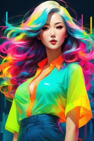 8k, best quality, masterpiece, clear, professional lighting, beautiful face, ultra high res, Japanese beautiful lady, multicolor_hair long_hair, underboob, shirt, RETRO ART STYLE, NEON_POP ART STYLE, ART STYLE