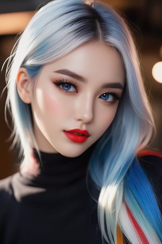 gorgeous lips, cinematic, (masterpiece), (best quality), (ultra-detailed), very aesthetic, illustration, perfect composition, intricate details, absurdres, detailed face, (anime, masterpiece, intricate:1.3), (best quality, hires textures, high detail:1.2), (4k),(incredibly detailed:1.4) 
masterpiece, 1girl,  a young girl, solo, nice girl, skinny, very thin build, multicolored hair, blue hair, white hair, the hair is slightly shaggy, hair over one eye, hairstyle with a side parting, voluminous hair, lush hair, long hair, streaked hair, ahoge, white skin, blue eyes, red lips,  black jeans,black sweatshirt, oversize sweatshirt, black headphones, light smile, excited, against the background of servers, looking at viewer, portrait, (masterpiece:1.2), (best quality:1.2), (very aesthetic:1.2), (absurdres:1.2), (detailed background), newest,sharp focus, perfect hands, perfect face, perfect eyes, perfect light, dynamic light, natural light
