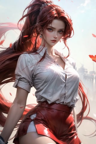 realistic,very beautiful woman, bright appearance, long fiery red hair gathered in a high ponytail, falls on her shoulders, eyes with expressive black eyelashes, dressed in a white blouse, mini skirt, sneakers, watercolor, high resolution, high detail, clear drawing,64k+hd quality,aesthetics of the female body