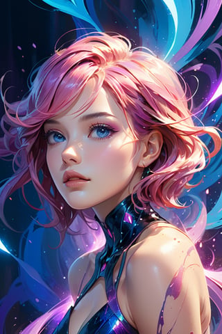 A portrait of beautifully stunning woman, fair skin, pink hair, surrounded by a swirling nanodusty plasma in electric blue and vibrant purple, vibrant colors, digital painting, trending in Artstation, cinematic lighting, and dynamic composition.