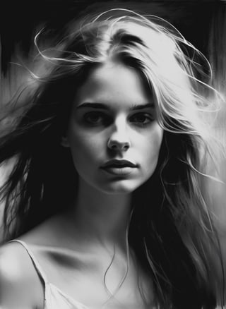 A black and white portrait of a beautiful young woman, with long windy hair, in the style of Mark Demsteader