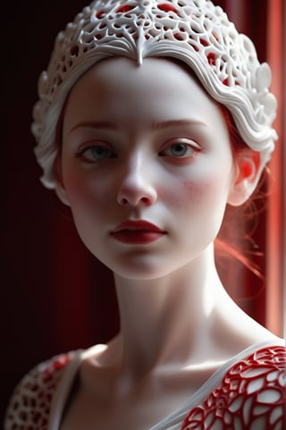 sculpture:: portrait of an woman:: white porcelain skin:: pierced with red:: Intricate details, very realistic:: cinematic lighting, volumetric lighting, photographic, --ar 9:20 --no blur, bokeh, defocus, degree sharpness --s 1000