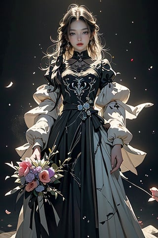 A mesmerizing conceptual illustration of an ethereal, semi-transparent figure, possibly a woman, with cascading locks that seamlessly blend into a beautiful array of vibrant, blooming flowers. The figure is delicately holding a bouquet of these flowers in her hand, with the petals emitting a soft, warm glow. The dark background enhances the striking luminosity of the figure and flowers, creating a stark contrast that captivates the viewer. The overall atmosphere of the piece is mystical and enchanting, inviting the viewer to step into this dreamlike world., conceptual art, painting, illustration