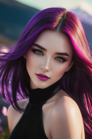 
1woman, solo, long hair, pink hair, black choker, green eyes, eyeliner, gorgeous lips, cinematic, (masterpiece), (best quality), (ultra-detailed), very aesthetic, illustration, perfect composition, intricate details, absurdres, detailed face, motion blur, (anime, masterpiece, intricate:1.3), (best quality, hires textures, high detail:1.2), (4k),(incredibly detailed:1.4) vibrant colors, female, masterpiece, sharp focus, best quality, depth of field, cinematic lighting, shiny hair, hair between eyes, black hair, purple eyes, long hair, indoors, smiling, black and purple theme, black and purple outfit, show, sunlight, mountains, landscape,