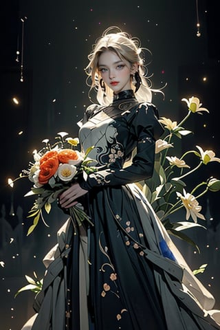 A mesmerizing conceptual illustration of an ethereal, semi-transparent figure, possibly a woman, with cascading locks that seamlessly blend into a beautiful array of vibrant, blooming flowers. The figure is delicately holding a bouquet of these flowers in her hand, with the petals emitting a soft, warm glow. The dark background enhances the striking luminosity of the figure and flowers, creating a stark contrast that captivates the viewer. The overall atmosphere of the piece is mystical and enchanting, inviting the viewer to step into this dreamlike world., conceptual art, painting, illustration