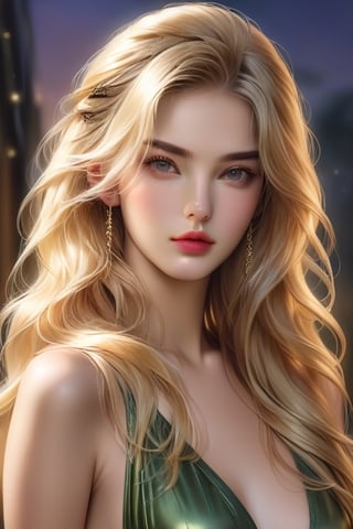 (Masterpiece, best quality),(Hyperrealism) official art, expressive eyes, perfect face, flush, satin, slits, pelvic curtain, leather, glittering, refraction, cute nose, tousled long hair, hairpin, blonde,twilight:1.3,,olive
