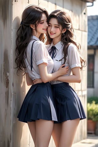 masterpiece, ultra detail, best quality, 2girls, against wall, serafuku, navy plits skirt, smile, blush, side view, girl pinned against wall, hug, kiss, close eyes