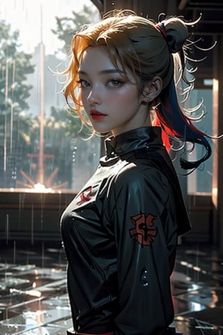 Harley Quinn in a cinematic scene and the rain is falling hard, but the rain does not fall on her, but the sunbeams are completely above her.