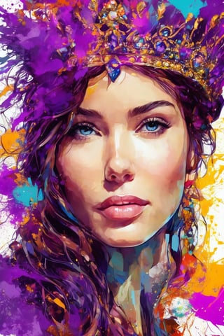 Highly detailed, High Quality, Masterpiece, beautiful, FISideRight face, 1girl, solo, ((best quality)), ((masterpiece)), (detailed), perfect face, abstract beauty, Create a digital art work in pop art style, luxury elegance bold with hint of feminine, happy & youthful, authentic, brave, princess wearing crown, purple and gold, centered, key visual, intricate, highly detailed, breathtaking beauty, precise lineart, vibrant, comprehensive cinematic, Carne Griffiths, Conrad Roset, vector art, Colorful graffiti illustration, (the most beautiful portrait in the world:1.5)