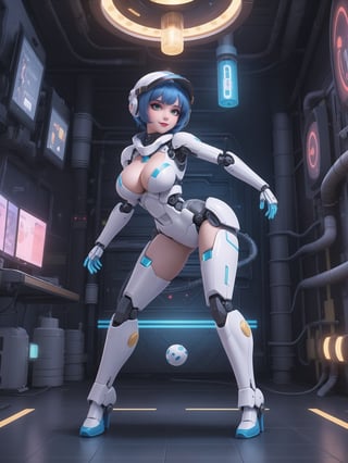 A woman, wearing Cinto Tico costume+robotic+mecha all white+small parts in blue, gigantic breasts, (helmet with visor), blue hair, spiky hair, short hair, hair with bangs in front of her eyes, she is in an alien ship, with elevators, computers, luminous pipes, machines, slimes, Windows, 16K, UHD, best possible quality, ultra detailed, best possible resolution, ultra technological, futuristic, robotic, Unreal Engine 5, professional photography, she is, ((sensual pose with interaction and leaning on anything + object + on something + leaning against)) + perfect_thighs, perfect_legs, perfect_feet, better_hands, ((full body)), More detail,