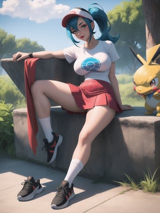(A beautiful Pokemon trainer and 1Pokemon), wearing a white t-shirt with a PokeBall design, and a red skirt with white stripes. She wears white spandex socks and black sneakers. She has gigantic breasts and blue hair. Her hair is tied in a ponytail, it is short and she wears a cap. The fringe of her hair covers her eyes. She is looking directly at the viewer. She is in a Pokemon Center, which is full of moving machines, Pokémon, windows, and large structures.. (She is striking a sensual pose, leaning on anything or object, resting and leaning against herself over it), ((full body)), perfect, (pokemon), UHD, best possible quality, ultra detailed, best possible resolution, Unreal Engine 5, professional photography, perfect hand, fingers, hand, perfect, More detail.