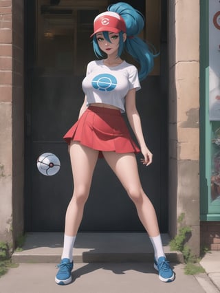 A beautiful Pokemon trainer and (1Pokemon), wearing a white t-shirt with a PokeBall design, and a red skirt with white stripes. She wears white spandex socks and black sneakers. She has gigantic breasts and blue hair. Her hair is tied in a ponytail, it is short and she wears a cap. The fringe of her hair covers her eyes. She is looking directly at the viewer. She is in a Pokemon Center, which is full of moving machines, Pokémon, windows, and large structures.. (She is striking a sensual pose, leaning on anything or object, resting and leaning against herself over it), ((full body):1.5), perfect, (pokemon), UHD, best possible quality, ultra detailed, best possible resolution, Unreal Engine 5, professional photography, perfect hand, fingers, hand, perfect, More detail.