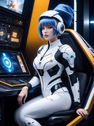 A woman, wearing Cinto Tico costume+robotic+mecha all white+small parts in blue, gigantic breasts, (helmet with visor), blue hair, spiky hair, short hair, hair with bangs in front of her eyes, she is in an alien ship, with elevators, computers, luminous pipes, machines, slimes, Windows, 16K, UHD, best possible quality, ultra detailed, best possible resolution, ultra technological, futuristic, robotic, Unreal Engine 5, professional photography, she is, ((sensual pose with interaction and leaning on anything + object + on something + leaning against)) + perfect_thighs, perfect_legs, perfect_feet, better_hands, (((full body))), More detail,