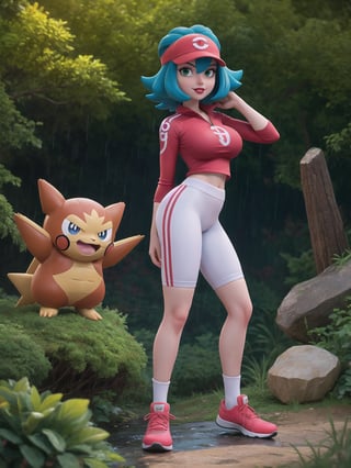A woman, a Pokémon trainer, is wearing a runner's outfit, a white lycra shirt with red sleeves and a pokéball emblem in the center of the shirt. She is wearing red lycra shorts and white sneakers, and is wearing a runner's helmet on her head. Her breasts are absurdly gigantic. She has short, blue hair in the Chanel style, with a very long fringe covering her left eye. She is looking directly at the viewer. The woman is in a forest in the mountains at night, raining heavily, with many trees, tree trunks, a waterfall, and many large rocks. Many Pokémons of different types and colors are around her, ((a woman is striking a sensual pose, interacting and leaning on any available object/structure in the scene)), maximum sharpness, UHD, Fullhd, 16K, anime style, best possible quality, ultra detailed, best possible resolution,  Unreal Engine 5, ((full body)), professional photography, perfect_thighs, perfect_legs, perfect_feet, perfect hand, fingers, hand, perfect, better_hands, ((Pokémon)), more detail