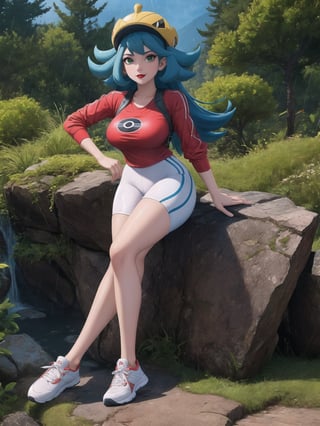 A woman, a Pokémon trainer, is wearing a runner's outfit, a white lycra shirt with red sleeves and a pokéball emblem in the center of the shirt. She is wearing red lycra shorts and white sneakers, and is wearing a runner's helmet on her head. Her breasts are absurdly gigantic. She has short, blue hair in the Chanel style, with a very long fringe covering her left eye. She is looking directly at the viewer. The woman is in a forest in the mountains at night, raining heavily, with many trees, tree trunks, a waterfall, and many large rocks. Many Pokémons of different types and colors are around her, ((a woman is striking a sensual pose, interacting and leaning on any available object/structure in the scene)), maximum sharpness, UHD, Fullhd, 16K, anime style, best possible quality, ultra detailed, best possible resolution,  Unreal Engine 5, ((full body)), professional photography, perfect_thighs, perfect_legs, perfect_feet, perfect hand, fingers, hand, perfect, better_hands, ((Pokémon)), more detail