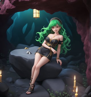A masterpiece of digital art in the styles of Adventure, Fantasy, Horror, Mystery, and Supernatural. | Mika, a 22-year-old woman, wears a black maid outfit with white details. The outfit fits perfectly on her slim body, highlighting her subtle curves. She also wears a pair of silver earrings with star-shaped pendants, a gold necklace with a heart-shaped pendant, red leather bracelets on her hands, and a silver ring with a small emerald on her right hand. Her green hair falls in soft, voluminous waves, framing her pretty face. Her red eyes shine with a seductive and mysterious gleam as she smiles at the viewer, showing her bright, white teeth and lips painted in a light shade of pink. She is in a macabre cave, striking a provocative pose. The location is dark, with rocky structures, stalactites and stalagmites, candles, bones, and skulls scattered on the ground. The dim light of the candles creates mysterious and unsettling shadows in the scene, highlighting Mika's beauty and mystery. | (((((The image reveals a full-body shot as she assumes a sensual pose, engagingly leaning against a rock formation within the cave in an exciting manner. She takes on a sensual pose as she interacts, boldly leaning on the rock formation, leaning back in an exciting way.))))). | ((full-body shot)), ((perfect pose)), ((perfect fingers, better hands, perfect hands)), ((perfect legs, perfect feet)), ((huge breasts, big natural breasts, sagging breasts)), ((perfect design)), ((perfect composition)), ((very detailed scene, very detailed background, perfect layout, correct imperfections)), More Detail, Enhance, 