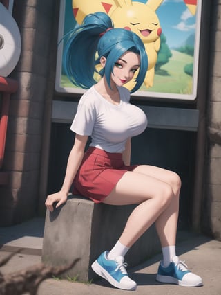 A beautiful Pokemon trainer and (1Pokemon), wearing a white t-shirt with a PokeBall design, and a red skirt with white stripes. She wears white spandex socks and black sneakers. She has gigantic breasts and blue hair. Her hair is tied in a ponytail, it is short and she wears a cap. The fringe of her hair covers her eyes. She is looking directly at the viewer. She is in a Pokemon Center, which is full of moving machines, Pokémon, windows, and large structures.. (She is striking a sensual pose, leaning on anything or object, resting and leaning against herself over it), ((full body)), perfect, (pokemon), UHD, best possible quality, ultra detailed, best possible resolution, Unreal Engine 5, professional photography, perfect hand, fingers, hand, perfect, More detail.