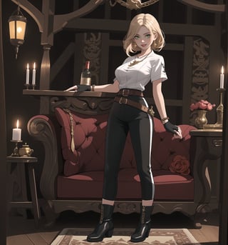 A masterpiece of adventure, fantasy, pirate, romance, and supernatural themes rendered in ultra-high resolution with graphic details. | A beautiful and sensual 28-year-old woman named Scarlett is wearing a sexy Pirate costume consisting of a short-sleeved white shirt with black details, fitted black fabric pants with white details, a leather belt with a silver anchor-shaped buckle, black high-heeled boots with white details, and black fabric gloves. She also has accessories such as a pair of silver starfish-shaped earrings, a gold necklace with an anchor-shaped pendant, leather and bead bracelets on her hands, and a silver ring with a small ruby on her right hand. Her short and messy blonde hair has a modern and stylish cut. Her green eyes are looking at the viewer with a seductive expression, as she smiles with her mouth open, showing her teeth and wearing red lipstick. She is standing on the ground, in a pirate house, with wooden structures, candles, antique maps, a bottle of rum, and a sword. | The image highlights Scarlett's imposing and sensual figure, her curves, and the accessories she wears. The warm and soft lighting of the scene enhances the details of the setting and creates dramatic shadows. | Soft and dark lighting effects create a sensual and mysterious atmosphere, while detailed textures on the skin, fabrics, and structures add realism to the image. | A sensual and romantic scene of a beautiful woman wearing a sexy Pirate costume in a pirate house, exploring themes of adventure, desire, seduction, and fantasy. | (((((The image reveals a full-body shot as she assumes a sensual pose, engagingly leaning against a structure within the scene in an exciting manner. She takes on a relaxed pose as she interacts, boldly leaning on a structure, leaning back in an exciting way))))). | ((full-body shot)), ((perfect body)), ((perfect pose)), ((perfect fingers, better hands, perfect hands)), ((perfect legs, perfect feet)), ((huge breasts, big natural breasts, sagging breasts)), ((perfect design)), ((perfect composition)), ((very detailed scene, very detailed background, perfect layout, correct imperfections)), ((More Detail, Enhance)),Enhance