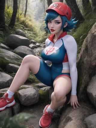 A woman, a Pokémon trainer, is wearing a runner's outfit, a white lycra shirt with red sleeves and a pokéball emblem in the center of the shirt. She is wearing red lycra shorts and white sneakers, and is wearing a runner's helmet on her head. Her breasts are absurdly gigantic. She has short, blue hair in the Chanel style, with a very long fringe covering her left eye. She is looking directly at the viewer. The woman is in a forest in the mountains at night, raining heavily, with many trees, tree trunks, a waterfall, and many large rocks. Many Pokémons of different types and colors are around her, ((a woman is striking a sensual pose, interacting and leaning on any available object/structure in the scene)), maximum sharpness, UHD, Fullhd, 16K, anime style, best possible quality, ultra detailed, best possible resolution,  Unreal Engine 5, ((full body)), professional photography, perfect_thighs, perfect_legs, perfect_feet, perfect hand, fingers, hand, perfect, better_hands, ((Pokémon)), more detail