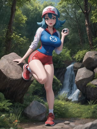 A woman, a Pokémon trainer, is wearing a runner's outfit, a white lycra shirt with red sleeves and a pokéball emblem in the center of the shirt. She is wearing red lycra shorts and white sneakers, and is wearing a runner's helmet on her head. Her breasts are absurdly gigantic. She has short, blue hair in the Chanel style, with a very long fringe covering her left eye. She is looking directly at the viewer. The woman is in a forest in the mountains at night, raining heavily, with many trees, tree trunks, a waterfall, and many large rocks. Many Pokémons of different types and colors are around her, ((a woman is striking a sensual pose, interacting and leaning on any available object/structure in the scene)), maximum sharpness, UHD, Fullhd, 16K, anime style, best possible quality, ultra detailed, best possible resolution,  Unreal Engine 5, ((full body)), professional photography, perfect_thighs, perfect_legs, perfect_feet, perfect hand, fingers, hand, perfect, better_hands, ((Pokémon)), more detail