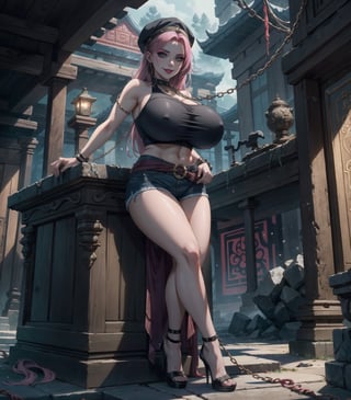 Masterpiece in UHD, with sharp details, incorporating elements from the Tomb Raider, Horror, and Terror styles. | In the dark environment of an ancient temple, a 20-year-old woman captivates the viewer. Wearing an extremely short white top, short denim shorts, a thick metallic chain around her waist, red high heels, and metal bracelets, she exudes an evil aura. Her purple eyes fix directly on the viewer, while her malicious smile intensifies the horror atmosphere. Her spiked pink hair is accentuated by a blue cap with metal chains. The woman is strategically positioned among altars, stone structures, pillars, and wood, creating a visually stunning composition. | Cinematic lighting highlights every dark detail, while effects such as cinema toning and ethereal light emphasize the atmosphere of terror. The woman, with her evil expression, creates an intriguing and frightening scene. | A sinister woman in an ancient temple, looking directly at the viewer, shrouded in an atmosphere of horror. She has gigantic breasts. | {The camera is positioned very close to her, revealing her entire body as she adopts a sensual_pose, interacting with and leaning on a structure in the scene in an exciting way} | She is adopting a ((sensual_pose as interacts, boldly leaning on a structure, leaning back in an exciting way):1.3), ((perfect_pose):1.3), ((full body)), ((perfect_fingers, better_hands, perfect_hands, perfect_legs):0.7), More Detail,
