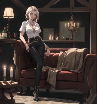 A masterpiece of adventure, fantasy, pirate, romance, and supernatural themes rendered in ultra-high resolution with graphic details. | A beautiful and sensual 28-year-old woman named Scarlett is wearing a sexy Pirate costume consisting of a short-sleeved white shirt with black details, fitted black fabric pants with white details, a leather belt with a silver anchor-shaped buckle, black high-heeled boots with white details, and black fabric gloves. She also has accessories such as a pair of silver starfish-shaped earrings, a gold necklace with an anchor-shaped pendant, leather and bead bracelets on her hands, and a silver ring with a small ruby on her right hand. Her short and messy blonde hair has a modern and stylish cut. Her green eyes are looking at the viewer with a seductive expression, as she smiles with her mouth open, showing her teeth and wearing red lipstick. She is standing on the ground, in a pirate house, with wooden structures, candles, antique maps, a bottle of rum, and a sword. | The image highlights Scarlett's imposing and sensual figure, her curves, and the accessories she wears. The warm and soft lighting of the scene enhances the details of the setting and creates dramatic shadows. | Soft and dark lighting effects create a sensual and mysterious atmosphere, while detailed textures on the skin, fabrics, and structures add realism to the image. | A sensual and romantic scene of a beautiful woman wearing a sexy Pirate costume in a pirate house, exploring themes of adventure, desire, seduction, and fantasy. | (((((The image reveals a full-body shot as she assumes a sensual pose, engagingly leaning against a structure within the scene in an exciting manner. She takes on a relaxed pose as she interacts, boldly leaning on a structure, leaning back in an exciting way))))). | ((full-body shot)), ((perfect body)), ((perfect pose)), ((perfect fingers, better hands, perfect hands)), ((perfect legs, perfect feet)), ((huge breasts, big natural breasts, sagging breasts)), ((perfect design)), ((perfect composition)), ((very detailed scene, very detailed background, perfect layout, correct imperfections)), ((More Detail, Enhance))