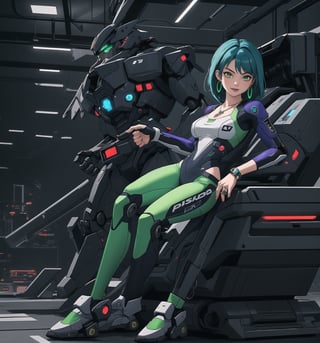 A masterpiece of digital art in Adventure, Sci-Fi, Cyberpunk and Mecha styles. | Akira, a 28-year-old woman, wears a silver and blue mecha suit, with neon green details. The costume is form-fitting and has several moving parts, highlighting his athletic and muscular figure. She also wears a pair of silver earrings with gear-shaped pendants, a stainless steel necklace with a triangle-shaped pendant, black leather bracelets on her hands, and a titanium ring with a small green crystal on her left hand. Her short, shaggy blue hair is styled in a way that highlights her sensual features. Her green eyes shine with confidence and intelligence as she smiles at the viewer, showing off her bright white teeth and dark purple painted lips. She is in an ultra-technological laboratory, striking a confident and powerful pose. The place is lit by bright LED lights, with technological and metallic structures, machines, robots and high-tech equipment spread across the floor. The atmosphere is electric and full of energy, with Akira at the center of it all, ready to take on any challenge. | (((((The image reveals a full-body shot as she assumes a sensual pose, engagingly leaning against a structure within the scene in an exciting manner. She takes on a sensual pose as she interacts, boldly leaning on a structure, leaning back in an exciting way.))))). | ((full-body shot)), ((perfect pose)), ((perfect fingers, better hands, perfect hands)), ((perfect legs, perfect feet)), ((huge breasts, big natural breasts, sagging breasts)), ((perfect design)), ((perfect composition)), ((very detailed scene, very detailed background, perfect layout, correct imperfections)), More Detail, Enhance