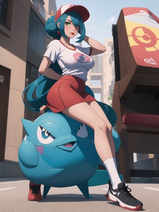 A beautiful Pokémon trainer, wearing a white t-shirt with a Poké Ball design, and a red skirt with white stripes. She wears white spandex socks and black sneakers. She has gigantic breasts and blue hair. Her hair is tied in a ponytail, it is short and she wears a cap. The fringe of her hair covers her eyes. She is looking directly at the viewer. She is in a Pokémon Center, which is full of moving machines, Pokémon, windows, and large structures.. (She is striking a sensual pose, leaning on anything or object, resting and leaning against herself over it), ((full body)), ((pokemon)), UHD, best possible quality, ultra detailed, best possible resolution, Unreal Engine 5, professional photography, perfect hand, fingers, hand, perfect, More detail.