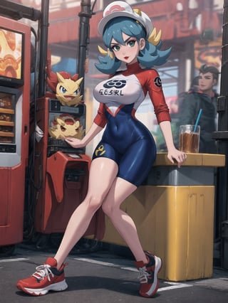 A woman, a Pokémon trainer, is wearing a runner's outfit, a white lycra shirt with red sleeves and a pokéball emblem in the center of the shirt. She is wearing red lycra shorts and white sneakers, and is wearing a runner's helmet on her head. Her breasts are absurdly gigantic. She has short, blue hair in the Chanel style, with a very long fringe covering her left eye. She is looking directly at the viewer. The woman is at a train station with many structures, television advertising panels, and drink machines. Many Pokémon of different types and colors are around her, (a woman is striking a sensual pose, interacting and leaning on any available object/structure in the scene), maximum sharpness, UHD, 16K, anime style, best possible quality, ultra detailed, best possible resolution, ((full body)), Unreal Engine 5, professional photography, perfect_thighs, perfect_legs, perfect_feet, perfect hand, fingers, hand, perfect, better_hands, ((pokémon)), more detail