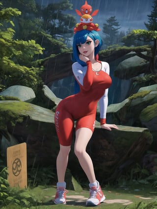 A woman, a Pokémon trainer, is wearing a runner's outfit, a white lycra shirt with red sleeves and a pokéball emblem in the center of the shirt. She is wearing red lycra shorts and white sneakers, and is wearing a runner's helmet on her head. Her breasts are absurdly gigantic. She has short, blue hair in the Chanel style, with a very long fringe covering her left eye. She is looking directly at the viewer. The woman is in a forest in the mountains at night, raining heavily, with many trees, tree trunks, a waterfall, and many large rocks. Many Pokémons of different types and colors are around her, ((a woman is striking a sensual pose, interacting and leaning on any available object/structure in the scene)), maximum sharpness, UHD, Fullhd, 16K, anime style, best possible quality, ultra detailed, best possible resolution,  Unreal Engine 5, ((full body)), professional photography, perfect_thighs, perfect_legs, perfect_feet, perfect hand, fingers, hand, perfect, better_hands, ((Pokémon)), more detail