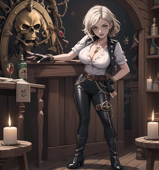 A masterpiece of adventure, fantasy, pirate, romance, and supernatural themes rendered in ultra-high resolution with graphic details. | A beautiful and sensual 28-year-old woman named Scarlett is wearing a sexy Pirate costume consisting of a short-sleeved white shirt with black details, fitted black fabric pants with white details, a leather belt with a silver anchor-shaped buckle, black high-heeled boots with white details, and black fabric gloves. She also has accessories such as a pair of silver starfish-shaped earrings, a gold necklace with an anchor-shaped pendant, leather and bead bracelets on her hands, and a silver ring with a small ruby on her right hand. Her short and messy blonde hair has a modern and stylish cut. Her green eyes are looking at the viewer with a seductive expression, as she smiles with her mouth open, showing her teeth and wearing red lipstick. She is standing on the ground, in a pirate house, with wooden structures, candles, antique maps, a bottle of rum, and a sword. | The image highlights Scarlett's imposing and sensual figure, her curves, and the accessories she wears. The warm and soft lighting of the scene enhances the details of the setting and creates dramatic shadows. | Soft and dark lighting effects create a sensual and mysterious atmosphere, while detailed textures on the skin, fabrics, and structures add realism to the image. | A sensual and romantic scene of a beautiful woman wearing a sexy Pirate costume in a pirate house, exploring themes of adventure, desire, seduction, and fantasy. | (((((The image reveals a full-body shot as she assumes a sensual pose, engagingly leaning against a structure within the scene in an exciting manner. She takes on a relaxed pose as she interacts, boldly leaning on a structure, leaning back in an exciting way))))). | ((full-body shot)), ((perfect body)), ((perfect pose)), ((perfect fingers, better hands, perfect hands)), ((perfect legs, perfect feet)), ((huge breasts, big natural breasts, sagging breasts)), ((perfect design)), ((perfect composition)), ((very detailed scene, very detailed background, perfect layout, correct imperfections)), ((More Detail, Enhance)),zzxxzz,