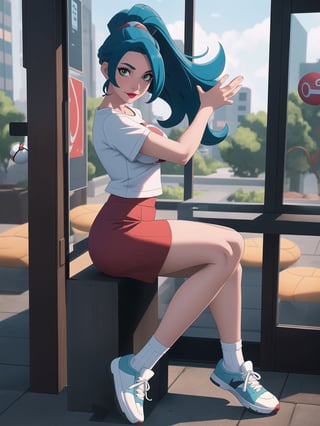 A beautiful Pokemon trainer, wearing a white t-shirt with a PokeBall design, and a red skirt with white stripes. She wears white spandex socks and black sneakers. She has gigantic breasts and blue hair. Her hair is tied in a ponytail, it is short and she wears a cap. The fringe of her hair covers her eyes. She is looking directly at the viewer. She is in a Pokemon Center, which is full of moving machines, Pokemon, windows, and large structures.. (She is striking a sensual pose, leaning on anything or object, resting and leaning against herself over it), ((full body)), ((pokemon)), UHD, best possible quality, ultra detailed, best possible resolution, Unreal Engine 5, professional photography, perfect hand, fingers, hand, perfect, More detail.